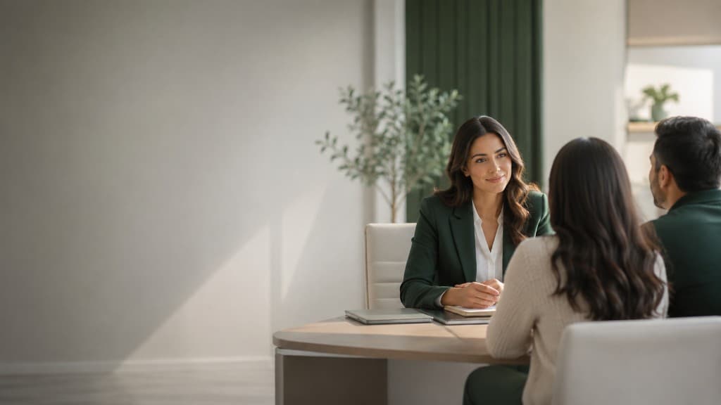 Attorney meeting with clients in a calm office consultation